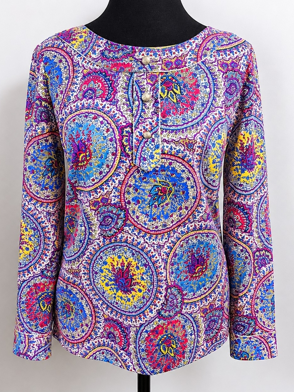 Talbots Paisley Print Top 4P Cotton Gold Button Trim Petite Boho Colorful